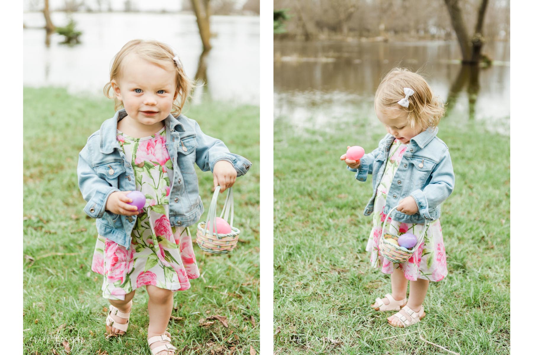 little girl on easter with beautiful curly hair and cute spring dress