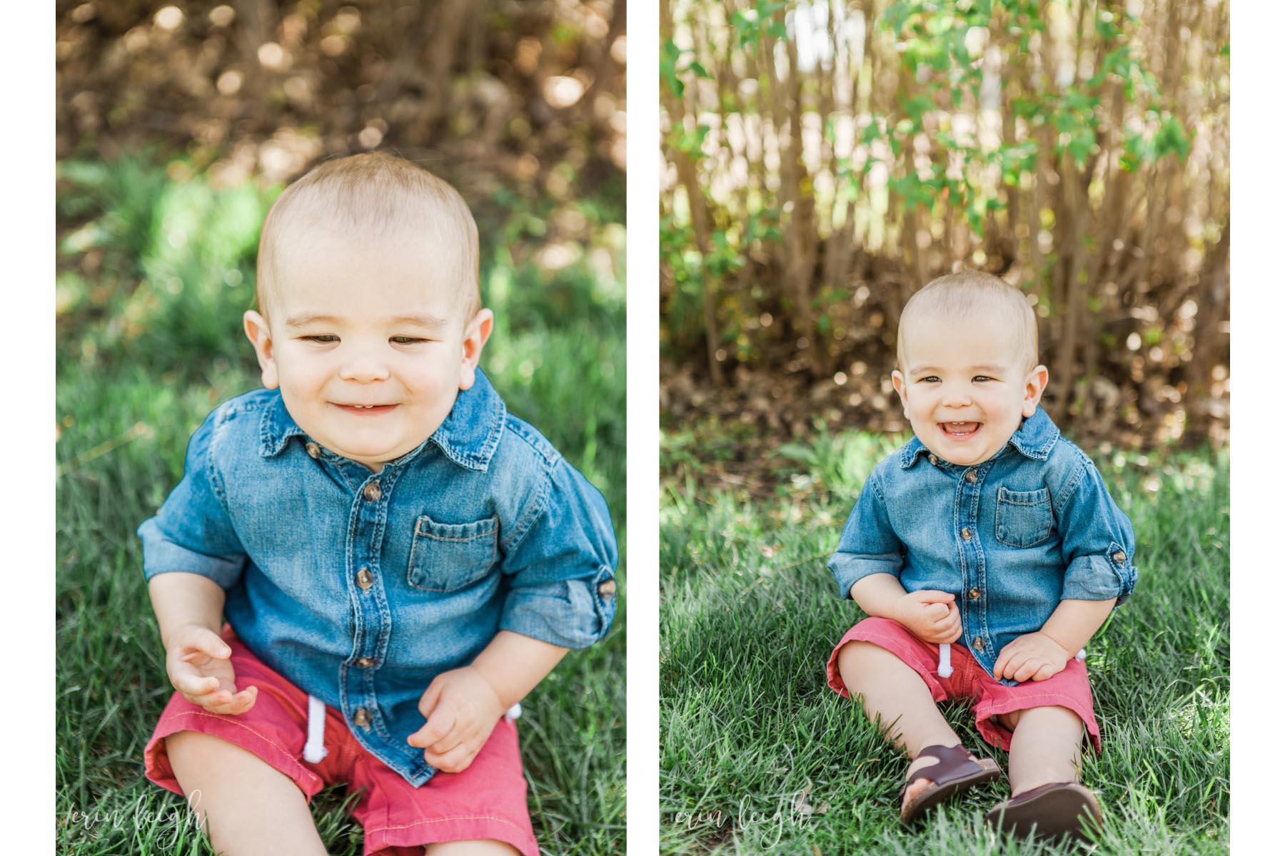 one year old smiling sitting in grass